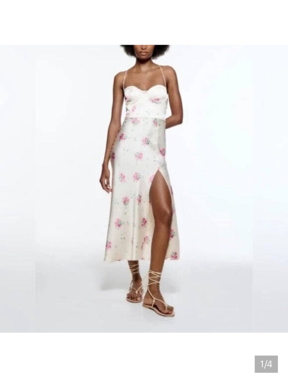 Zara Cream Floral Bustier Satin Midi Skirt with Pink Blooms and Side Slit